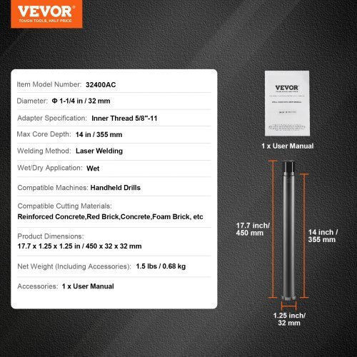 Vevor Διαμαντοκορώνα Καροτιέρας Υγρής Κοπής με Διάμετρο 32mm για Μπετό και Τούβλο 680gr