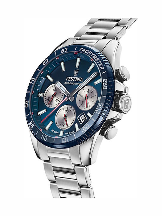 Festina Ανδρικό Ρολόι 45mm Χρονογράφος Μπαταρίας με Ασημί Μεταλλικό Μπρασελέ