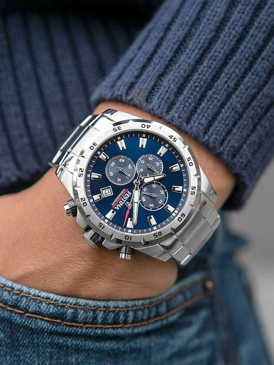 Festina Ανδρικό Ρολόι 44mm Χρονογράφος Μπαταρίας με Ασημί Μεταλλικό Μπρασελέ