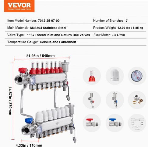 Vevor Floor Heating Manifold Set 7-Branch Pex Pipes 1/2" Drfsqbxg7hlg5odpqv0