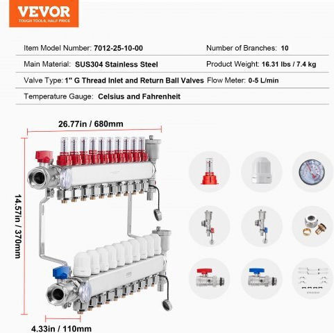 Vevor 10-Branch Floor Heating Manifold Set Pex Pipes 1/2" Drfsqbxg10hl1s697v0