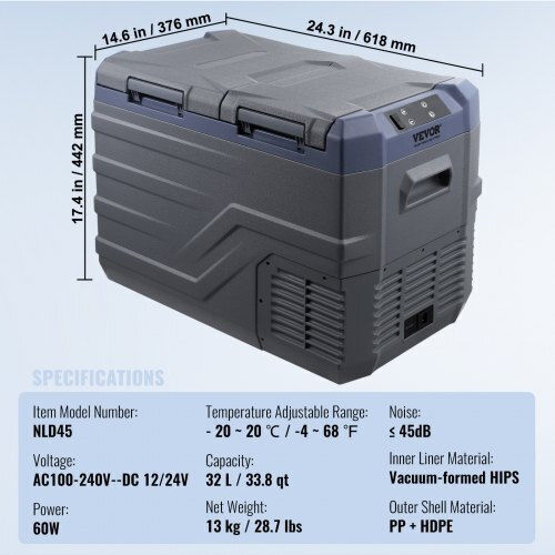 Vevor Преносим Хладилник 32л Капацитет 100-240V / 12V / 24V Черен