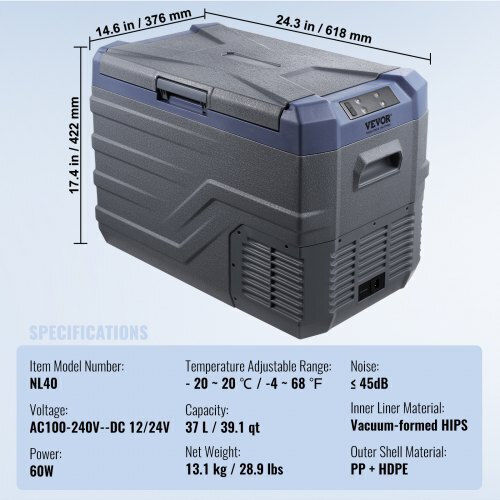 Vevor Преносим Хладилник 37л Капацитет 100-240V / 12V / 24V Сив