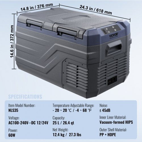 Vevor Преносим Хладилник 25л Капацитет 100-240V / 12V / 24V Сив