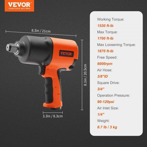 Vevor Cheie Cu Impact Pneumatic 3/4" Cuplu Maxim 224.33kgm