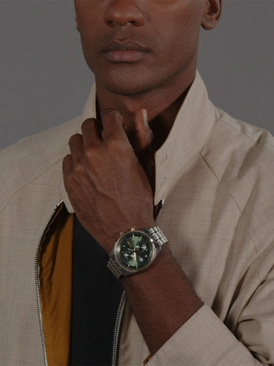 Boss Skytraveller Ανδρικό Ρολόι 44mm Χρονογράφος Μπαταρίας με Ασημί Μεταλλικό Μπρασελέ
