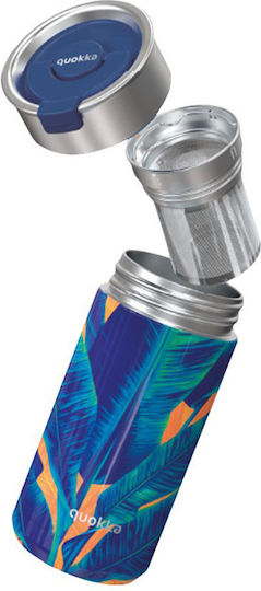 Quokka Tumblers Glass Thermos Stainless Steel BPA Free 400ml Blue Jungle with Straw and Handle