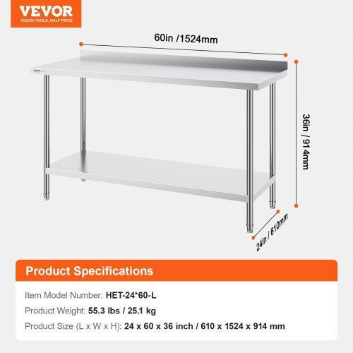 Banc de lucru comercial din oțel inoxidabil Vevor 24"x60" Cfbxggztlcwj81648v0