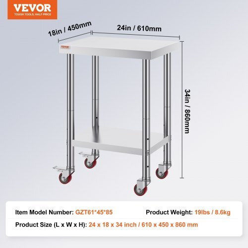 Vevor Stainless Steel Work Table 24x18" Wheels Kitchen Cfgzt24x18x34yc01v0
