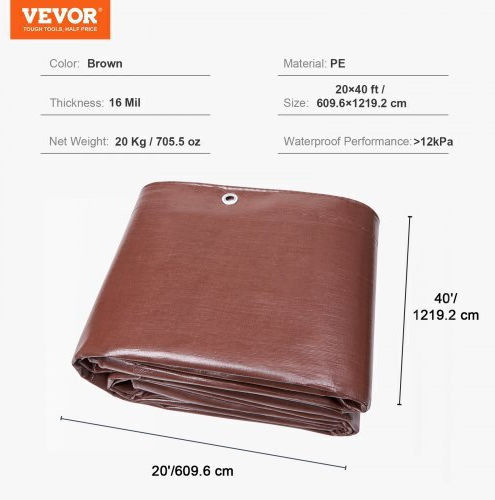 Vevor Waterproof Tarpaulin 12.192x6.096m. Brown