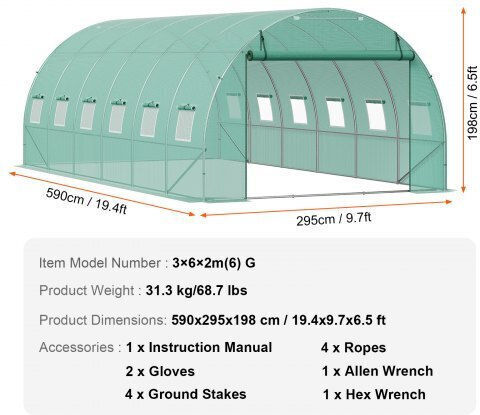 Vevor SDXWS20X10X7U1NJ3V0 Gewächshaus Tunnel 5.9x3x2m