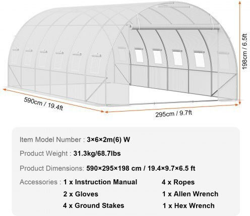 Vevor SDXWS20X10X78IHE2V0 Gewächshaus Tunnel 5.9x3x2m