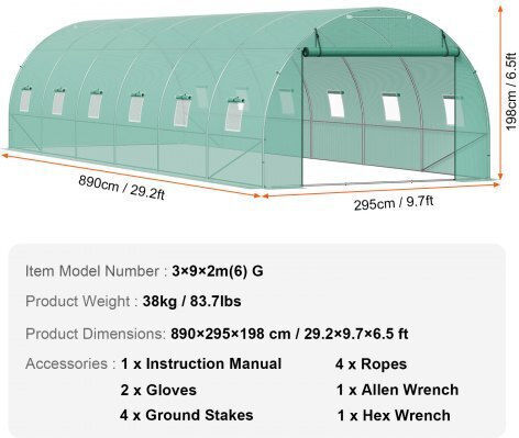 Vevor SDXWS30X10X7LDOYEV0 Gewächshaus Tunnel 8.9x2.95x1.98m