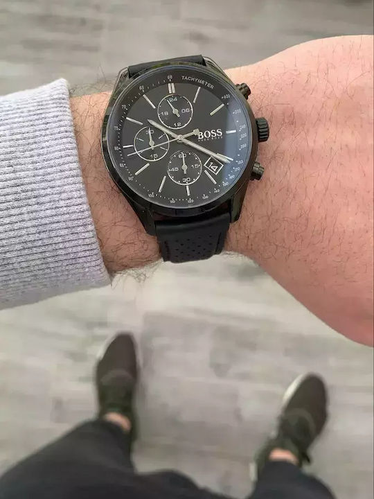 Boss Grand Prix Chrono Herrenuhr 44mm Chronograph Batterie mit Schwarz Lederarmband