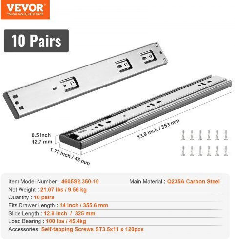 Οδηγοί Συρταριών Vevor 355.6mm Βαρέως Τύπου Αθόρυβοι 100 Lbs Czcjctdg100lev30av0
