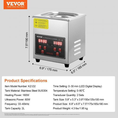 Vevor Ultrasonic Cleaner 2lt with Digital Timer