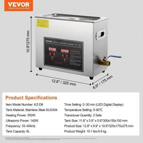 Vevor Ultrasonic Cleaner 6L Inox With Digital Timer