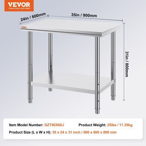 Vevor Ανοξείδωτο Τραπέζι Μ60xΒ90xΥ80cm