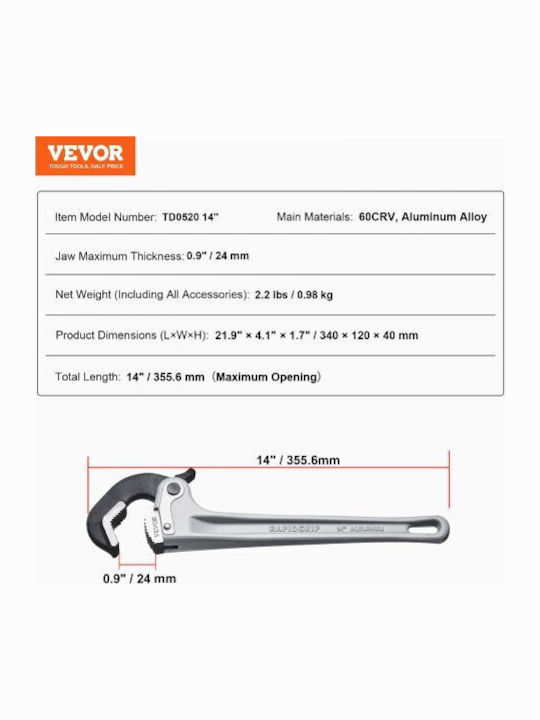 Vevor French Wrench with Adjustable Opening 14mm 355.6mm