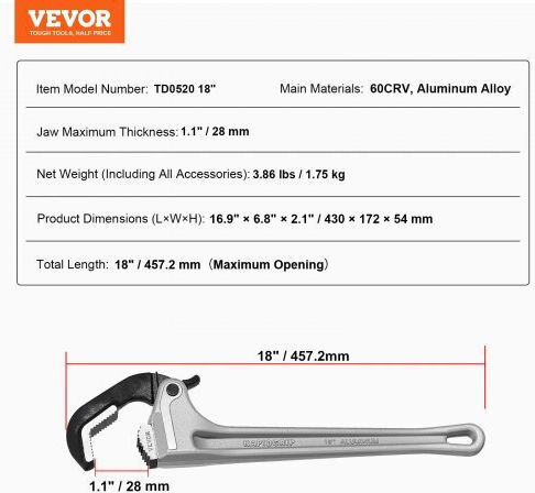 Vevor French Wrench with Adjustable Opening 18mm 457.2mm