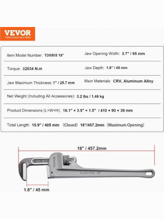 Vevor Γαλλικό Κλειδί Μήκους 457.2mm με Άνοιγμα Σιαγόνων έως 18mm και Αντιολισθητική Λαβή