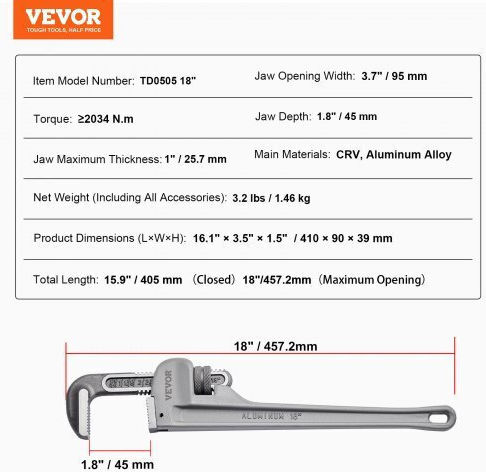 Vevor French Wrench with Adjustable Opening 18mm and Anti-Slip Handle 457.2mm