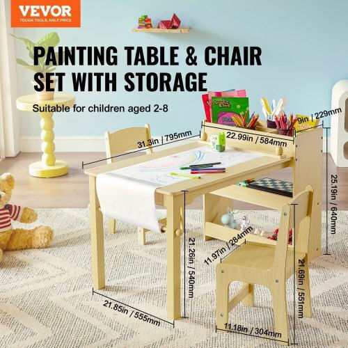 Kinder Tischset mit Stühlen zum Malen aus Holz Beige Vevor