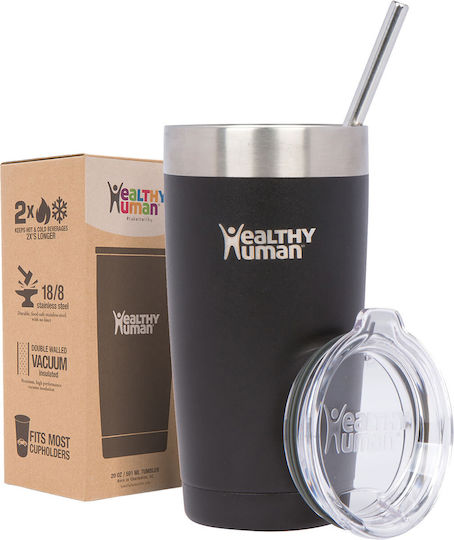 Healthy Human Cruiser Glass Thermos Stainless Steel BPA Free 591ml Black Onyx with Straw