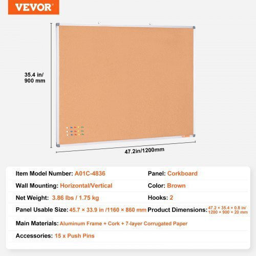 Vevor Cork Notice Board 121.92x91.44cm