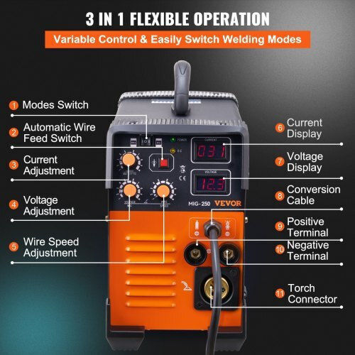 Vevor Ηλεκτροκόλληση Inverter MIG / TIG / MMA / FCAW με Μέγιστο Ρεύμα Συγκόλλησης 250A