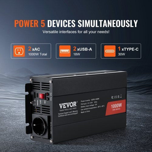 Vevor Καθαρός Ημιτονοειδής Μετατροπέας 1000w Dc12v Ac230v Τηλεχειριστήριο Ce Fcc Czxnbq1000wcilwt2v2