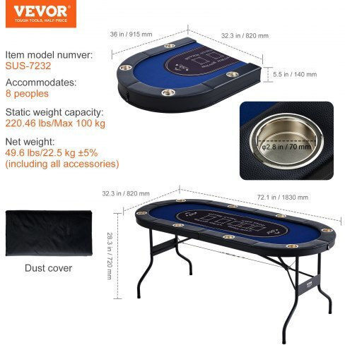 Vevor 72" Oval Casino 8-Person Folding Poker Table
