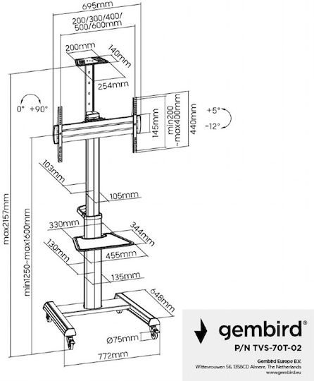 Gembird TVS-70T-02 Βάση Τηλεόρασης Δαπέδου έως 70kg Μαύρο
