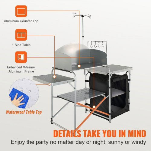 Vevor Folding Portable Camping Kitchen Table 1 Cabinet & Wind Protector