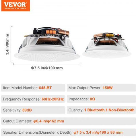 Vevor Σετ Ηχεία Εγκαταστάσεων 150W με Bluetooth Λευκά