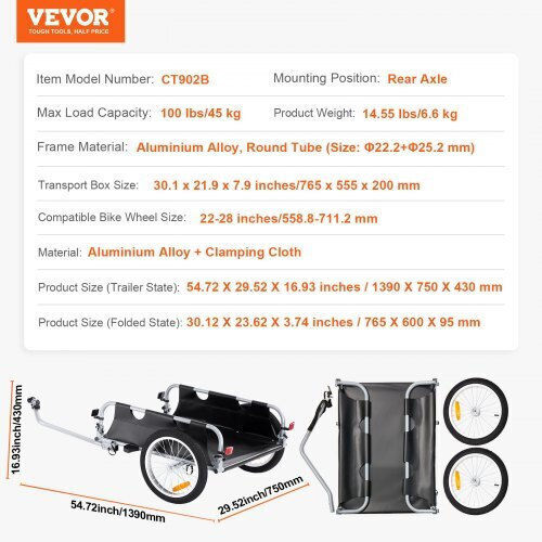 Vevor Τρέιλερ Ποδηλάτου 45kg Φορτίο Αναδιπλούμενο 16" Τροχοί Αντανακλαστικά 22"-28" Τροχούς Cgkhzlhj100bhmdbav0