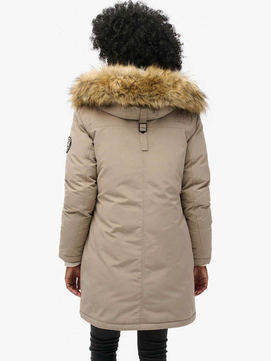 D3 Ovin Everest Faux Women's Long Parka Jacket for Winter Beige