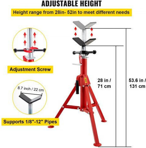Vevor Βάση Σωλήνων V Head 1/8"-12" Ρυθμιζόμενο Ύψος 28"-52" Φορητή Ανθεκτική Βάση 2500 Lb Ανθρακοχάλυβας Gj1107sgj-vx00001v0