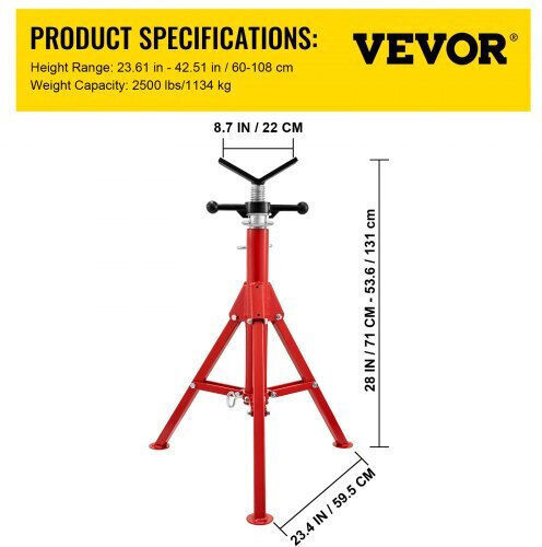 Vevor Βάση Σωλήνων V Head 1/8"-12" Ρυθμιζόμενο Ύψος 28"-52" Φορητή Ανθεκτική Βάση 2500 Lb Ανθρακοχάλυβας Gj1107sgj-vx00001v0