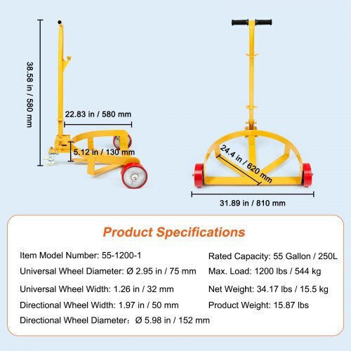Vevor Transport-Wagen for Load Weight up to 544kg in Gelb Color