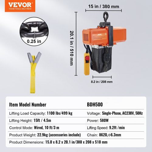 Електрически верижен телфер Vevor 500 кг 4.5 м повдигане Ddhlhlcs25mdb0v1hv2