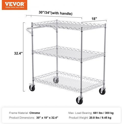 Vevor Commercial Kitchen Food Cart for Dish Baskets H82.296xW76.2xD45.72cm