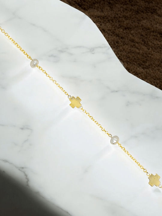 Xryseio Bracelet with Cross design made of Gold 9K with Pearls