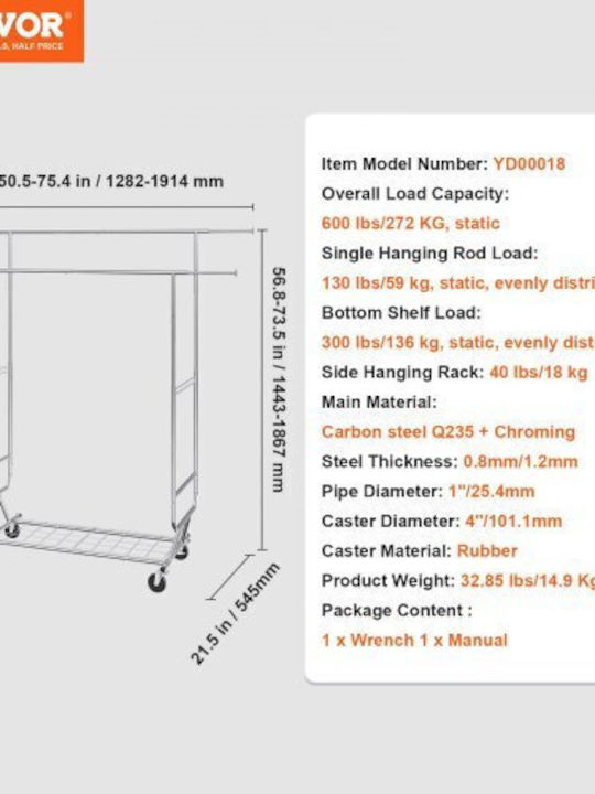 Vevor Rollbar Kleiderständer Silber 54.5x21.5cm