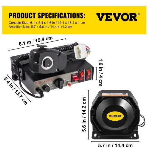 Sirena Poliție Vevor 200W 9-Tonuri Microfon Comutatoare Lumini Mașini Camioane de Pompieri Hhq200w9sdcz00001v0