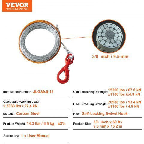 Galvanized Wire Rope Vevor 3/8"x50' Hook 15,200 Lbs Gsjpstg38incdwgmdv0