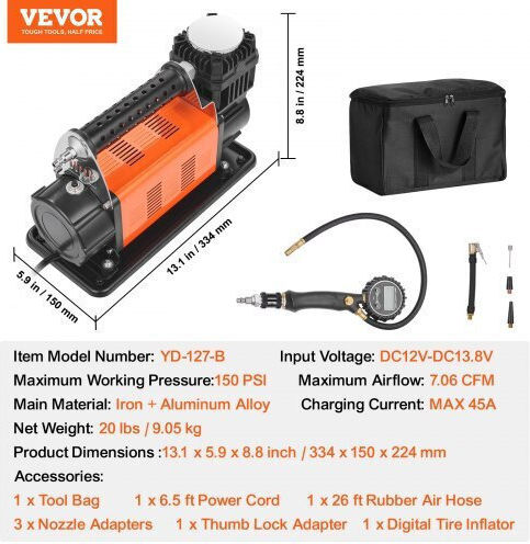Vevor Car Tire Pump 150PSI with Cable 12V