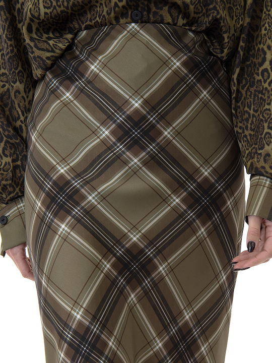 Satin High-waisted Midi Skirt Checked Black-green-khaki