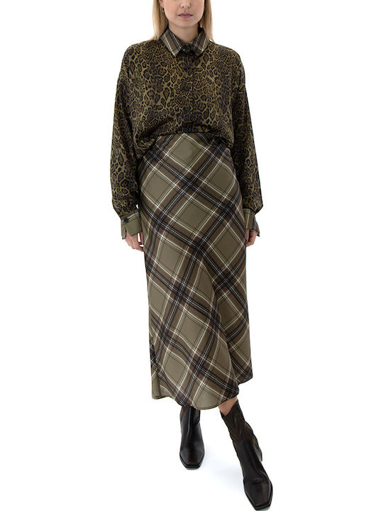 Satin High-waisted Midi Skirt Checked Black-green-khaki