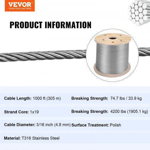 Vevor Stainless Steel Cable 3/16"x1000ft T316 Railings & DIY Applications Gss1x19-4.8mm305mv0